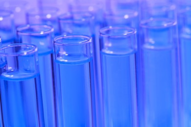 Test tubes with light reagents, closeup. Laboratory analysis