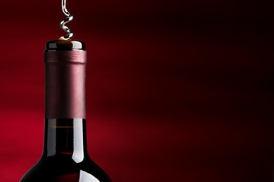 Opening bottle of wine with corkscrew on burgundy background. Space for text