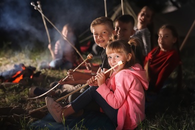 Children with marshmallows near bonfire at night. Summer camp