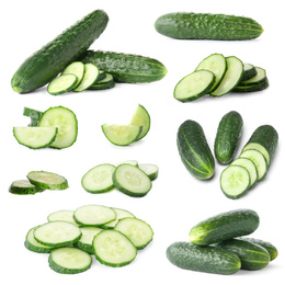 Set with sliced cucumbers on white background