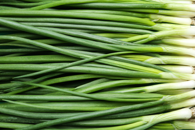 Fresh green spring onions as background, top view