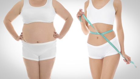 Slim and overweight women on white background, closeup