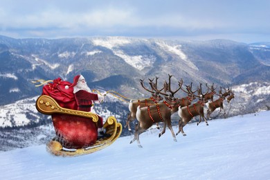 Image of Magic Christmas eve. Santa with reindeers outdoors on snowy winter day 