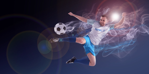 Shot of football player in action. Creative banner design