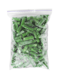 Frozen green beans in plastic bag isolated on white, top view. Vegetable preservation