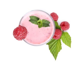Tasty raspberry smoothie in glass isolated on white, top view