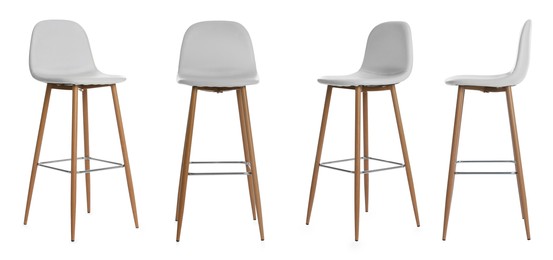 Set with stylish bar stools on white background. Banner design