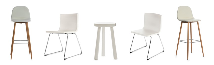 Set with different stylish chairs on white background. Banner design