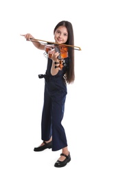 Preteen girl playing violin on white background