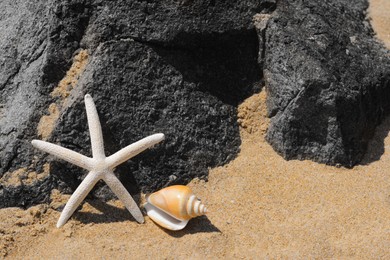 Photo of Beautiful starfish and sea shell near black stone on sandy beach, space for text