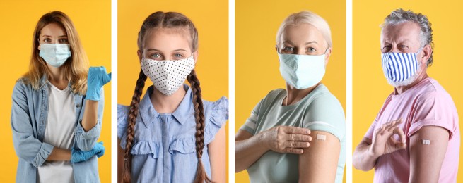 Collage with photos of people wearing protective face masks on yellow background. Banner design