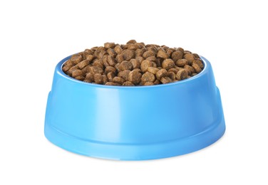 Photo of Dry food in blue pet bowl isolated on white