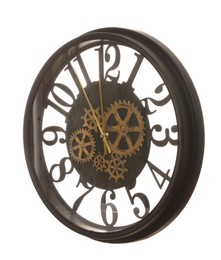 Stylish wall clock with gears showing five minutes until midnight on white background. New Year countdown