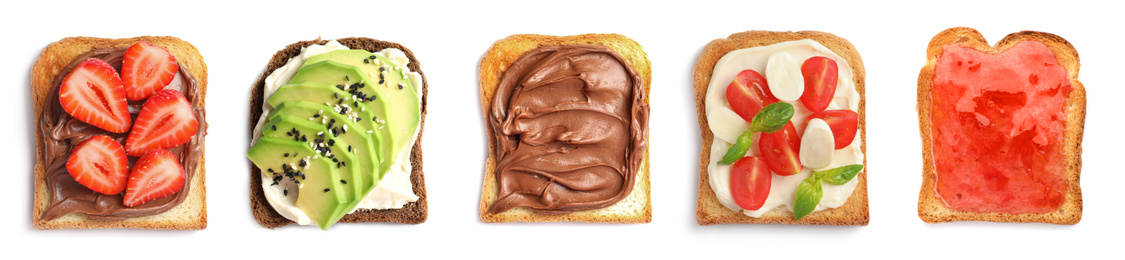Image of Set of toasted bread with different toppings on white background, top view. Banner design 