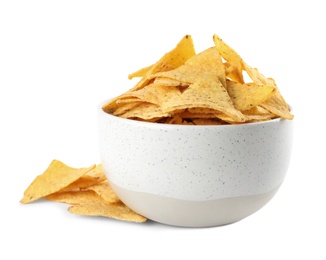 Bowl with tasty Mexican nachos chips on white background