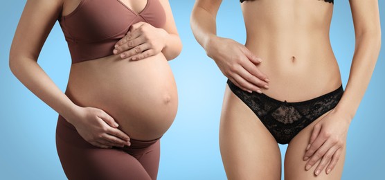Woman before and after childbirth on light blue background, closeup view of belly. Collage
