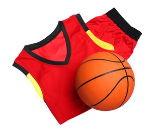 Basketball uniform and ball on white background, top view