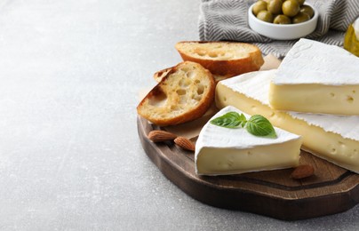 Tasty brie cheese with basil, bread and almonds on grey table, space for text