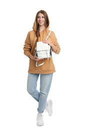 Beautiful young woman in casual outfit with stylish bag on white background