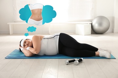 Overweight woman seeing dreams about slim body while sleeping instead of training. Weight loss concept
