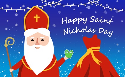 Saint Nicholas with bag on blue background, illustration. Greeting card design