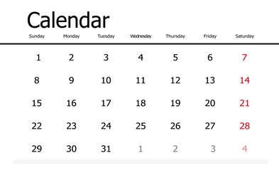 Minimalist monthly calendar design on white background