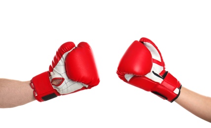 Men in boxing gloves on white background, closeup