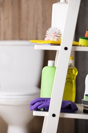 Different toilet cleaning supplies on shelving unit indoors