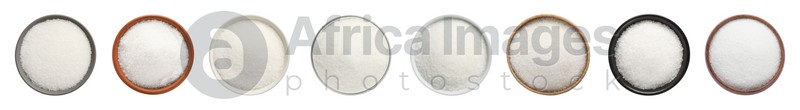 Set with granulated sugar on white background, top view. Banner design
