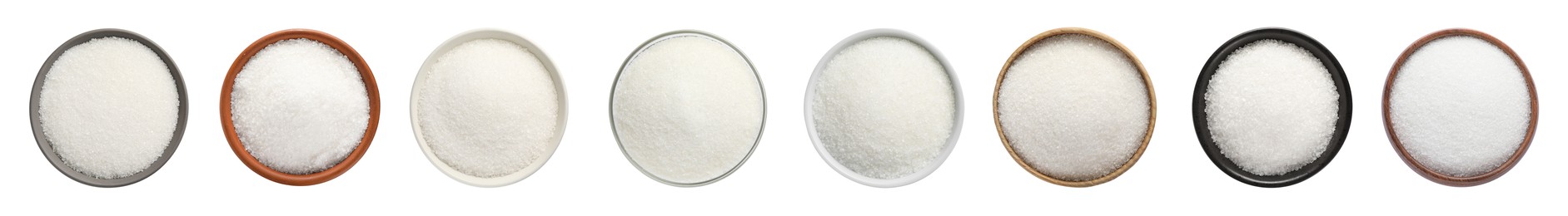 Set with granulated sugar on white background, top view. Banner design