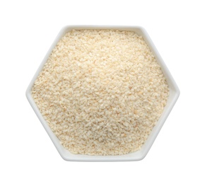 Sesame seeds in bowl on white background, top view