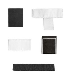Different blank clothing labels on white background, collage