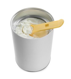 Blank can of powdered infant formula with scoop on white background. Baby milk