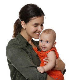 Beautiful mother with her cute baby on white background