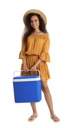 Happy young African American woman with cool box on white background