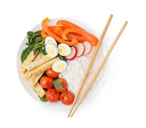 Photo of Delicious poke bowl with basil, vegetables, eggs and tofu isolated on white, top view