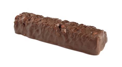 Tasty chocolate glazed protein bar isolated on white. Healthy snack