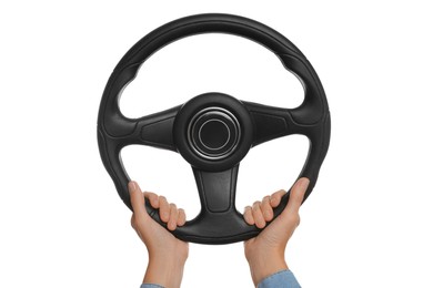 Woman with steering wheel on white background, closeup
