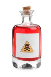 Glass bottle of poison with warning sign isolated on white