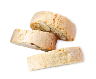 Photo of Slices of tasty cantucci on white background, top view. Traditional Italian almond biscuits