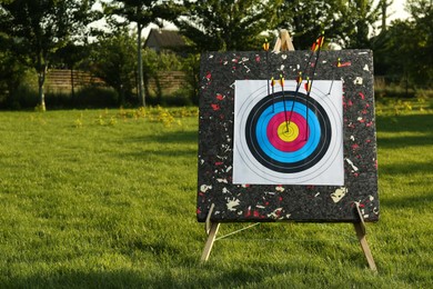 Archery target with arrows in park. Space for text