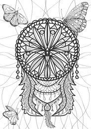 Illustration of Dream catcher and butterflies on white background, illustration. Coloring page