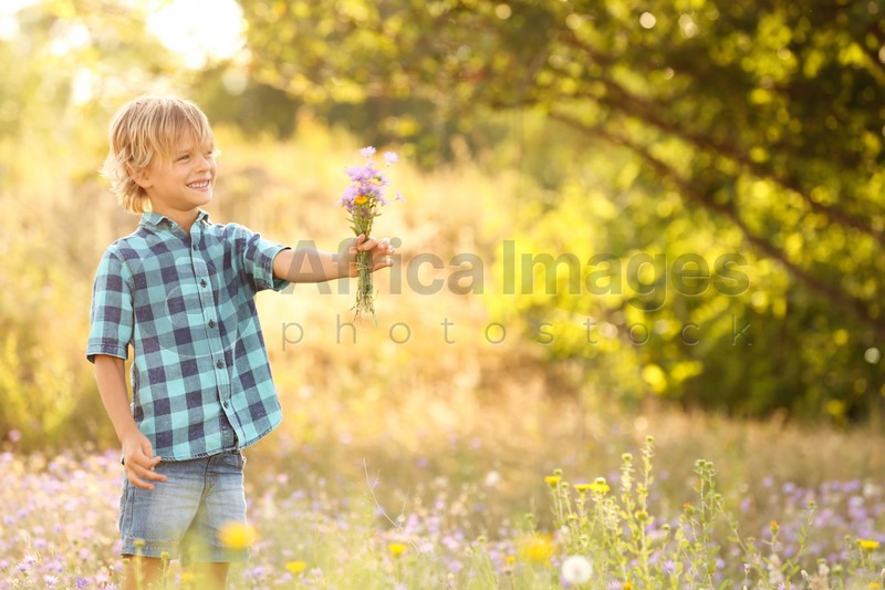 Cute little boy with bouquet of wildflowers outdoors, space for text. Child spending time in nature