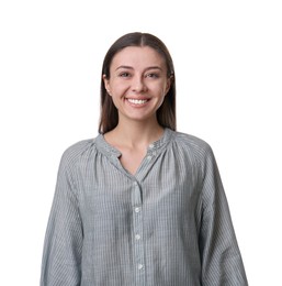 Portrait of happy young woman on white background. Personality concept