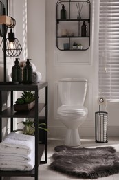 Modern toilet bowl in comfortable restroom. Interior design