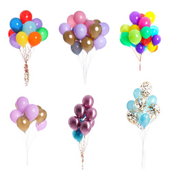 Set of different color balloons on white background