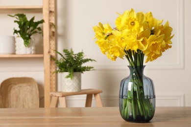 Beautiful daffodils in vase on wooden table indoors, space for text