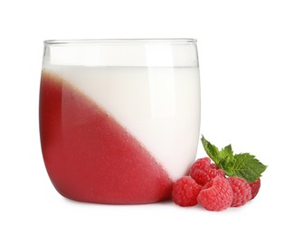 Delicious panna cotta with fruit coulis, fresh raspberries and mint on white background