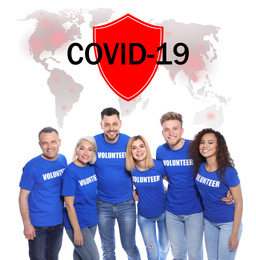 Volunteers uniting to help during COVID-19 outbreak. Group of people on white background, world map and shield illustrations