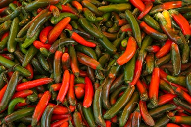 Heap of fresh Serrano peppers as background, top view
